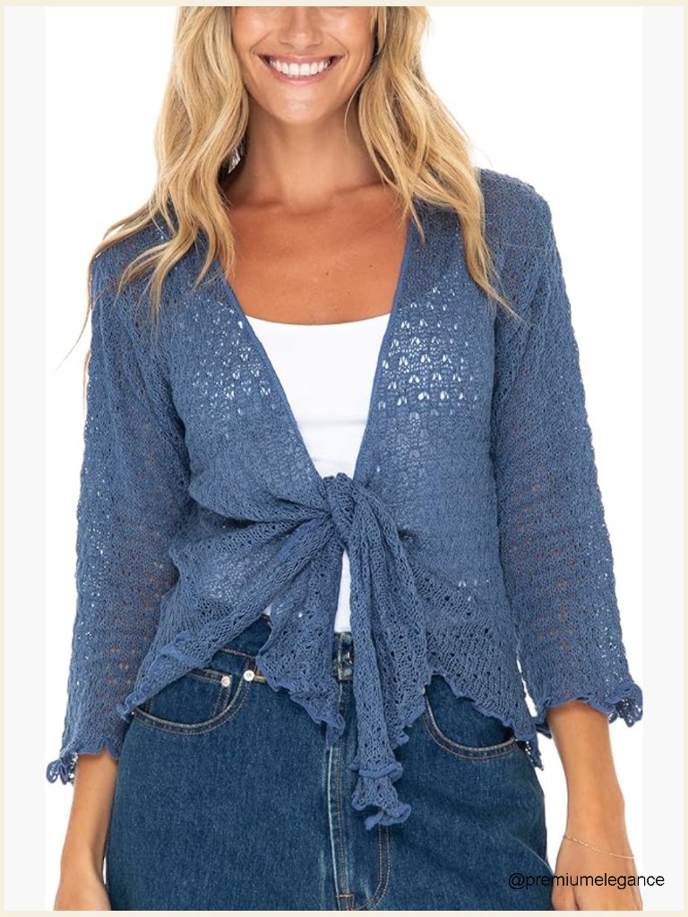 Women's 100% Cotton Tie Front Shrug Cardigan Lightweight Knit 3/4 Sleeve Open